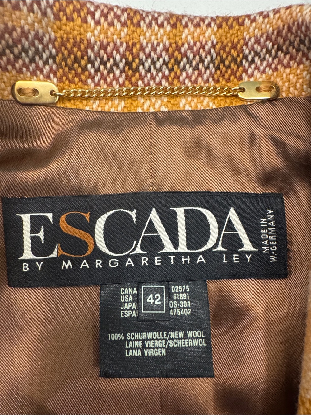 Escada Vintage Wool Orange and Brown Plaid Double-Breasted Blazer EUR 42 US 8 - Picture 3 of 13